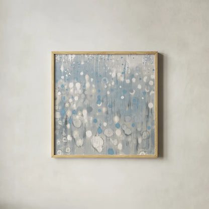 Rain Abstract VI Blue by Danhui Nai. Shown in a natural wood glass frame for a timeless modern aesthetic. Available as an archival giclee rolled canvas, fine art paper, or poster print. SKU 75647a.