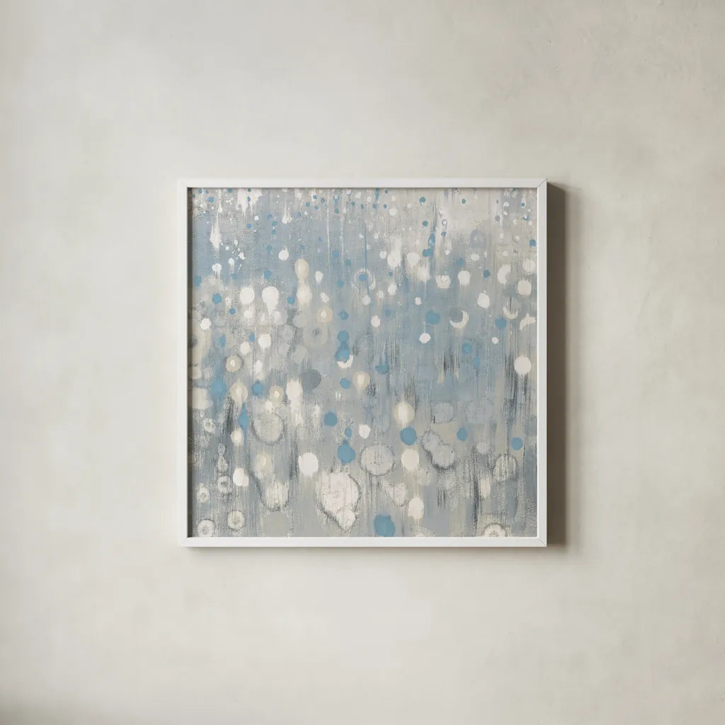 Rain Abstract VI Blue by Danhui Nai. Shown in a crisp white glass frame for a clean and minimalist style. Available as an archival giclee rolled canvas, fine art paper, or poster print. SKU 75647a.