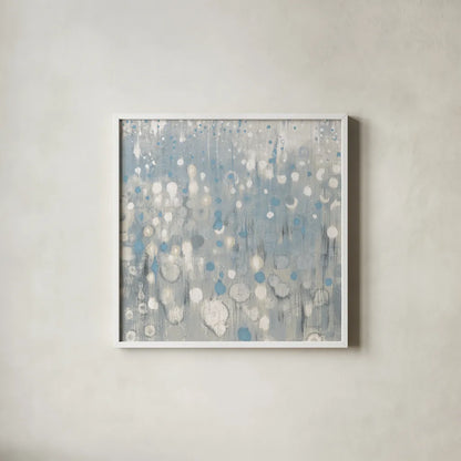 Rain Abstract VI Blue by Danhui Nai. Shown in a crisp white glass frame for a clean and minimalist style. Available as an archival giclee rolled canvas, fine art paper, or poster print. SKU 75647a.