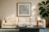 Rain Abstract VI Blue by Danhui Nai. Displayed in a glass frame with matte in a clean modern living room. Available as an archival giclee rolled canvas, fine art paper, or poster print. SKU 75647a.