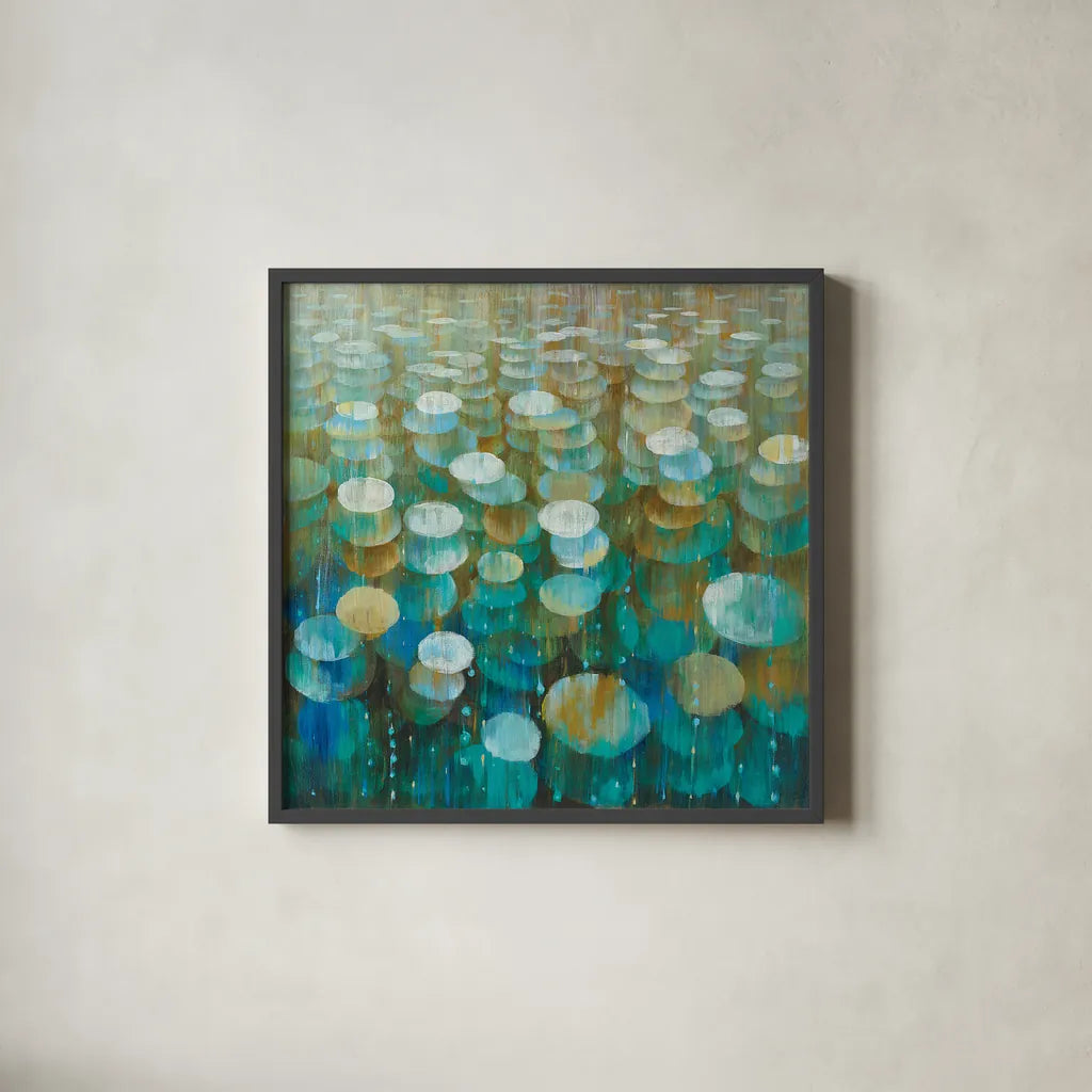 Rain Drops by Danhui Nai. Shown in a sleek black glass frame for a contemporary gallery look. Available as an archival giclee rolled canvas, fine art paper, or poster print. SKU 23843a.