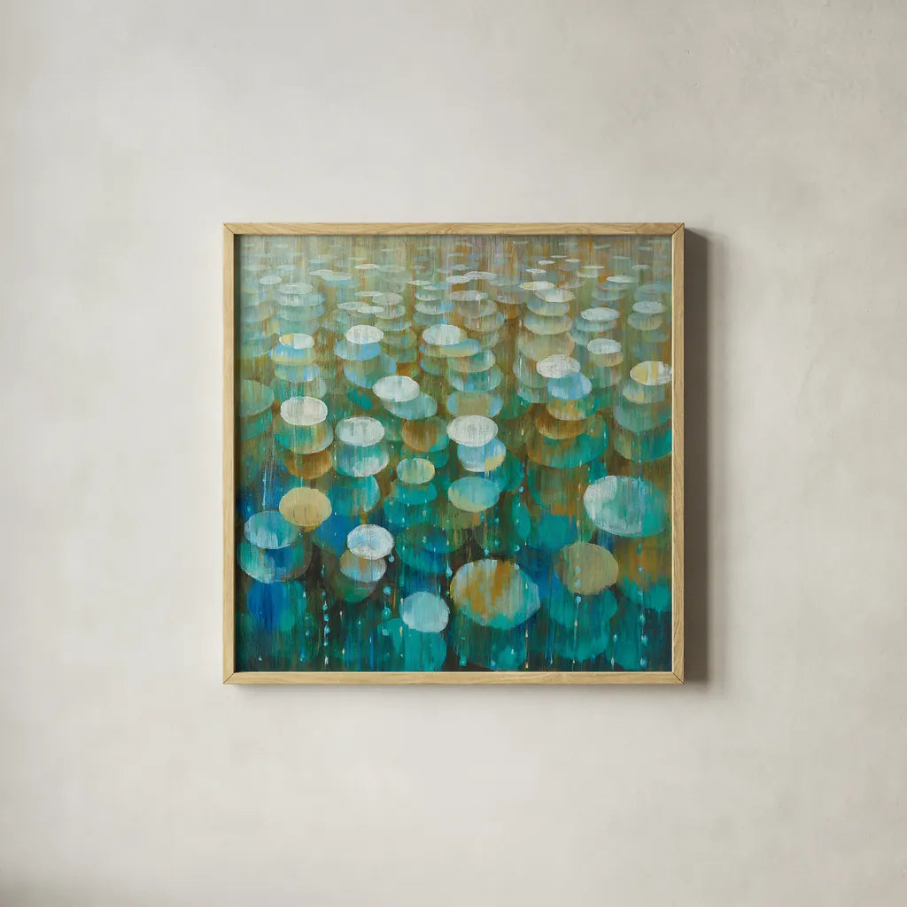 Rain Drops by Danhui Nai. Shown in a natural wood glass frame for a timeless modern aesthetic. Available as an archival giclee rolled canvas, fine art paper, or poster print. SKU 23843a.
