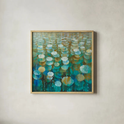 Rain Drops by Danhui Nai. Shown in a natural wood glass frame for a timeless modern aesthetic. Available as an archival giclee rolled canvas, fine art paper, or poster print. SKU 23843a.