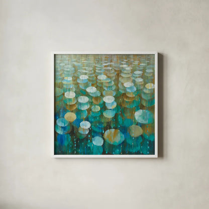Rain Drops by Danhui Nai. Shown in a crisp white glass frame for a clean and minimalist style. Available as an archival giclee rolled canvas, fine art paper, or poster print. SKU 23843a.