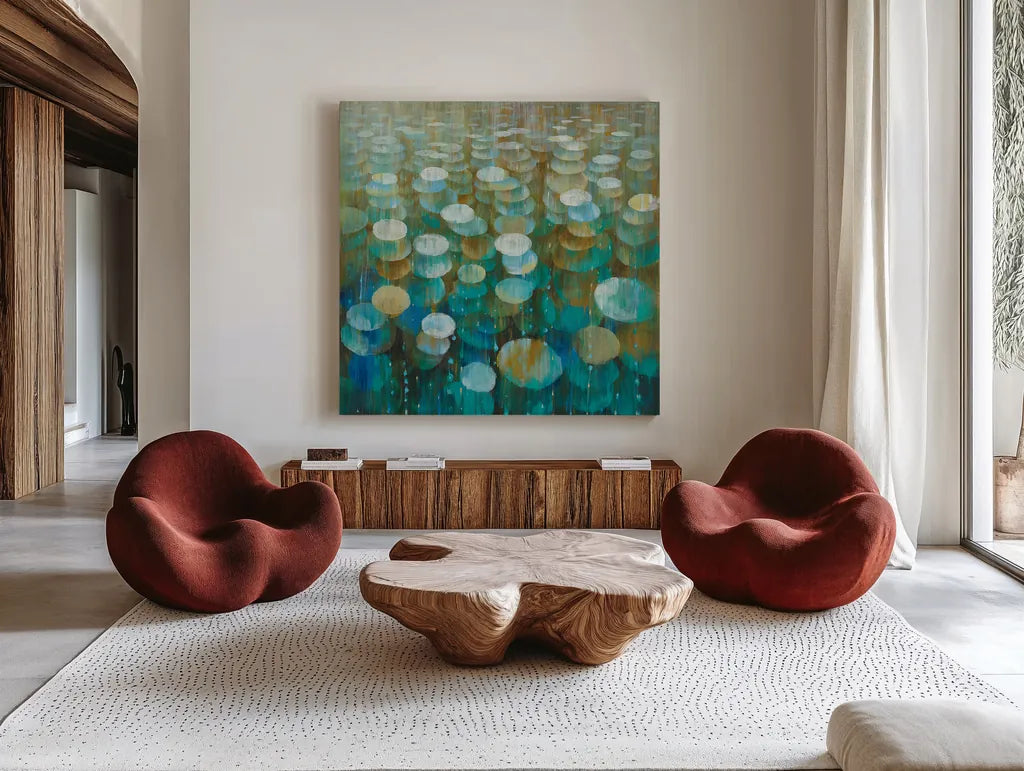Rain Drops by Danhui Nai. Shown as extra-large giant wall art in a modern living room. Available as an archival giclee rolled canvas, fine art paper, or poster print. SKU 23843a.