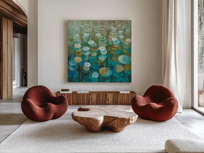 Rain Drops by Danhui Nai. Shown as extra-large giant wall art in a modern living room. Available as an archival giclee rolled canvas, fine art paper, or poster print. SKU 23843a.