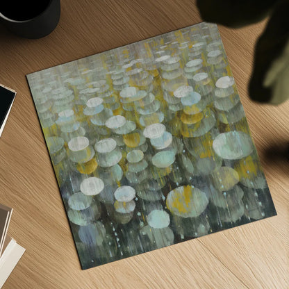 Rain Drops Yellow Gray by Danhui Nai. Shown as a detailed flat fine art print, highlighting archival giclee quality. Available as an archival giclee rolled canvas, fine art paper, or poster print. SKU 56016a.