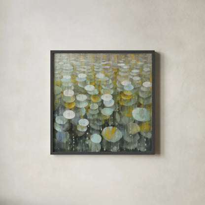 Rain Drops Yellow Gray by Danhui Nai. Shown in a sleek black glass frame for a contemporary gallery look. Available as an archival giclee rolled canvas, fine art paper, or poster print. SKU 56016a.