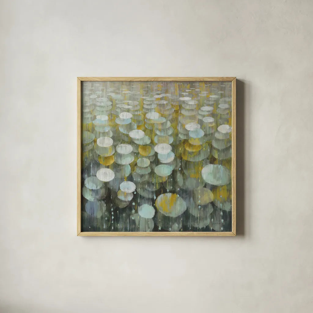 Rain Drops Yellow Gray by Danhui Nai. Shown in a natural wood glass frame for a timeless modern aesthetic. Available as an archival giclee rolled canvas, fine art paper, or poster print. SKU 56016a.