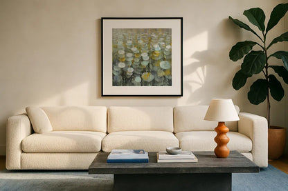 Rain Drops Yellow Gray by Danhui Nai. Displayed in a glass frame with matte in a clean modern living room. Available as an archival giclee rolled canvas, fine art paper, or poster print. SKU 56016a.