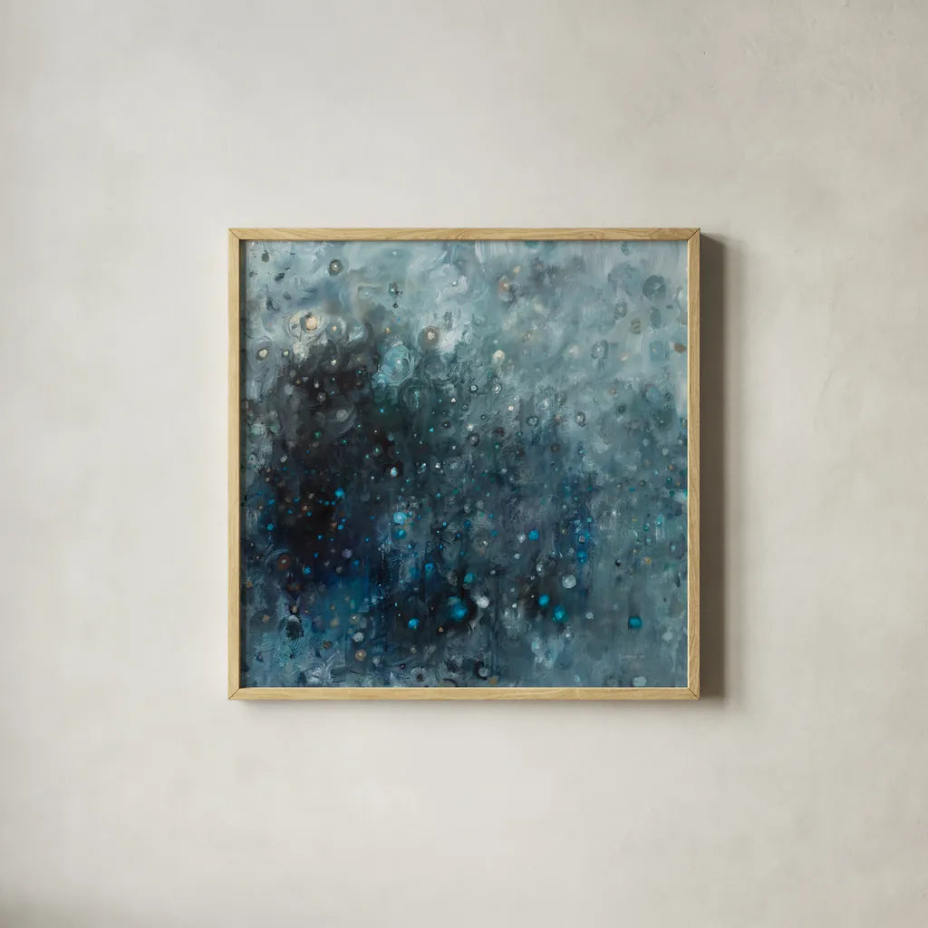 Rain in Gray and Blue by Danhui Nai. Shown in a natural wood glass frame for a timeless modern aesthetic. Available as an archival giclee rolled canvas, fine art paper, or poster print. SKU 88192a.