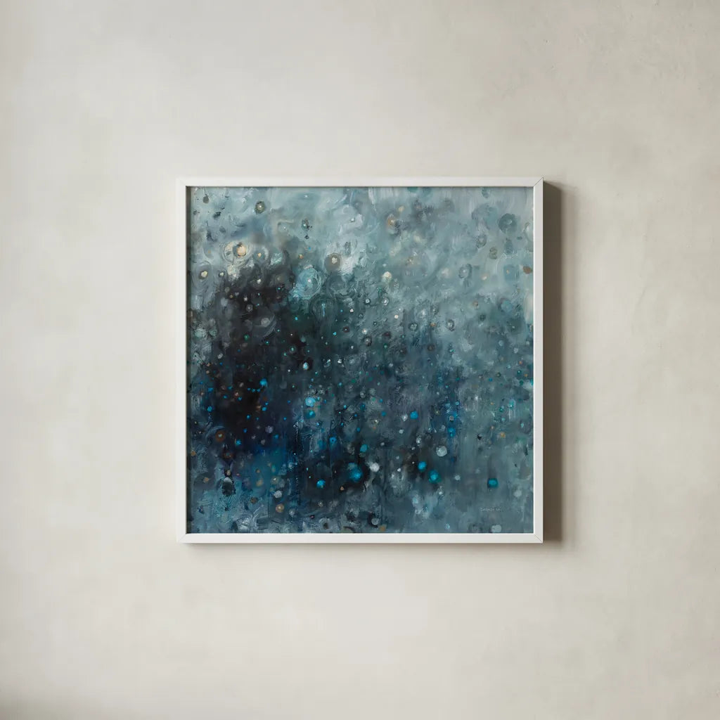 Rain in Gray and Blue by Danhui Nai. Shown in a crisp white glass frame for a clean and minimalist style. Available as an archival giclee rolled canvas, fine art paper, or poster print. SKU 88192a.
