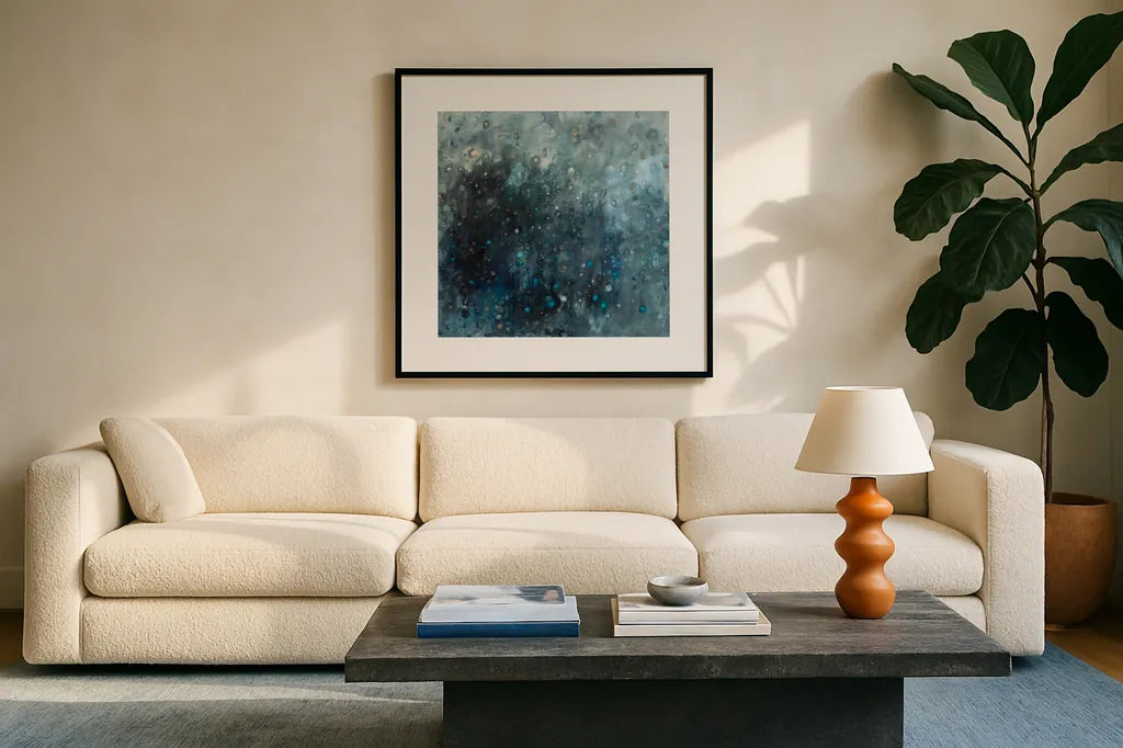 Rain in Gray and Blue by Danhui Nai. Displayed in a glass frame with matte in a clean modern living room. Available as an archival giclee rolled canvas, fine art paper, or poster print. SKU 88192a.