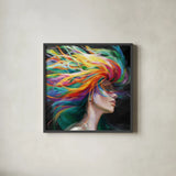 Rainbow Hair by Danhui Nai. Shown in a sleek black glass frame for a contemporary gallery look. Available as an archival giclee rolled canvas, fine art paper, or poster print. SKU 88813a.