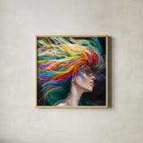 Rainbow Hair by Danhui Nai. Shown in a natural wood glass frame for a timeless modern aesthetic. Available as an archival giclee rolled canvas, fine art paper, or poster print. SKU 88813a.