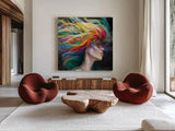 Rainbow Hair by Danhui Nai. Shown as extra-large giant wall art in a modern living room. Available as an archival giclee rolled canvas, fine art paper, or poster print. SKU 88813a.