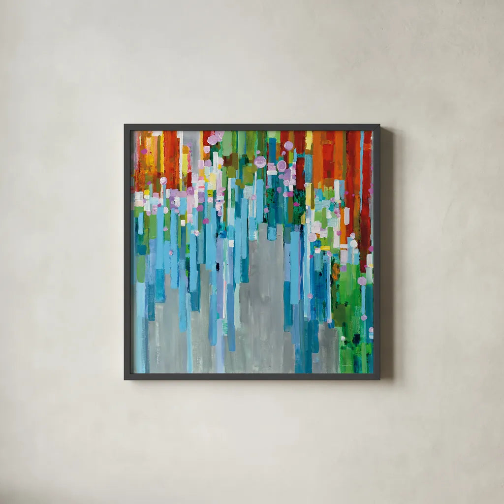 Rainbow of Stripes Square by Danhui Nai. Shown in a sleek black glass frame for a contemporary gallery look. Available as an archival giclee rolled canvas, fine art paper, or poster print. SKU 30240a.