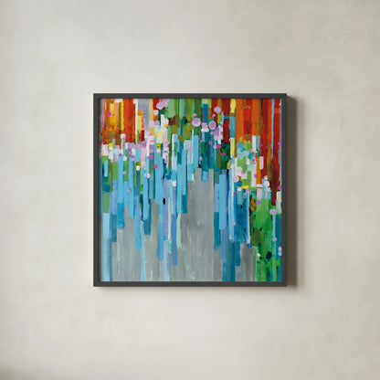 Rainbow of Stripes Square by Danhui Nai. Shown in a sleek black glass frame for a contemporary gallery look. Available as an archival giclee rolled canvas, fine art paper, or poster print. SKU 30240a.