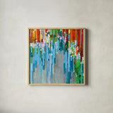 Rainbow of Stripes Square by Danhui Nai. Shown in a natural wood glass frame for a timeless modern aesthetic. Available as an archival giclee rolled canvas, fine art paper, or poster print. SKU 30240a.