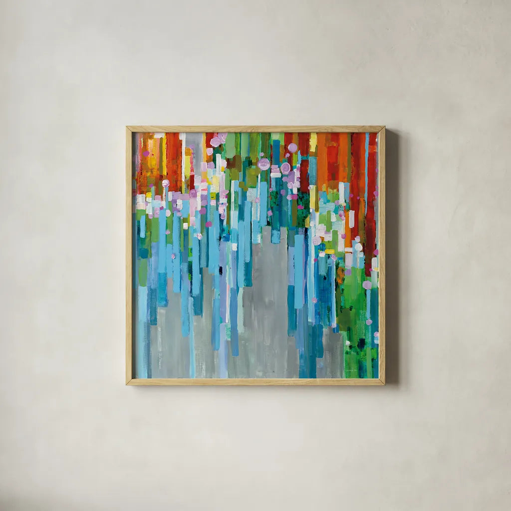 Rainbow of Stripes Square by Danhui Nai. Shown in a natural wood glass frame for a timeless modern aesthetic. Available as an archival giclee rolled canvas, fine art paper, or poster print. SKU 30240a.