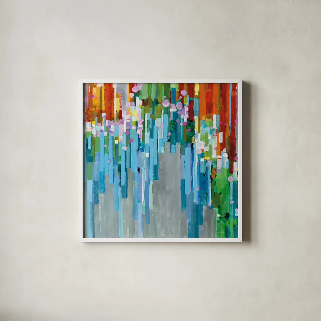 Rainbow of Stripes Square by Danhui Nai. Shown in a crisp white glass frame for a clean and minimalist style. Available as an archival giclee rolled canvas, fine art paper, or poster print. SKU 30240a.