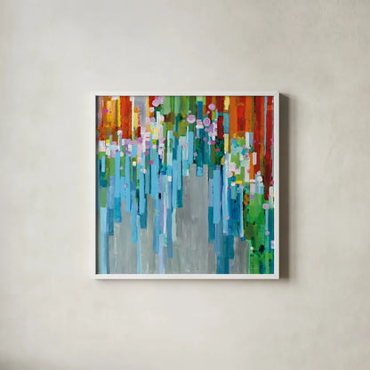 Rainbow of Stripes Square by Danhui Nai. Shown in a crisp white glass frame for a clean and minimalist style. Available as an archival giclee rolled canvas, fine art paper, or poster print. SKU 30240a.