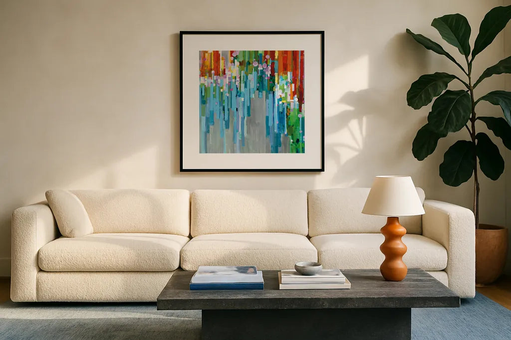 Rainbow of Stripes Square by Danhui Nai. Displayed in a glass frame with matte in a clean modern living room. Available as an archival giclee rolled canvas, fine art paper, or poster print. SKU 30240a.