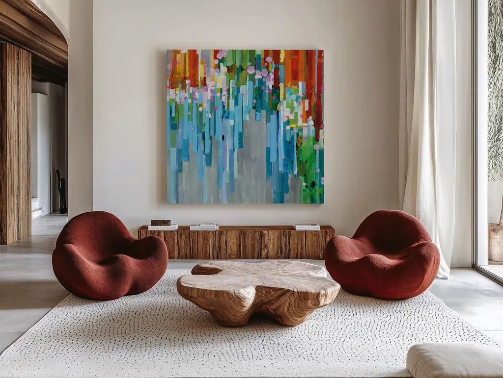 Rainbow of Stripes Square by Danhui Nai. Shown as extra-large giant wall art in a modern living room. Available as an archival giclee rolled canvas, fine art paper, or poster print. SKU 30240a.
