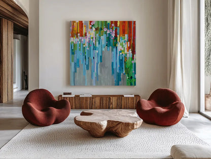 Rainbow of Stripes Square by Danhui Nai. Shown as extra-large giant wall art in a modern living room. Available as an archival giclee rolled canvas, fine art paper, or poster print. SKU 30240a.