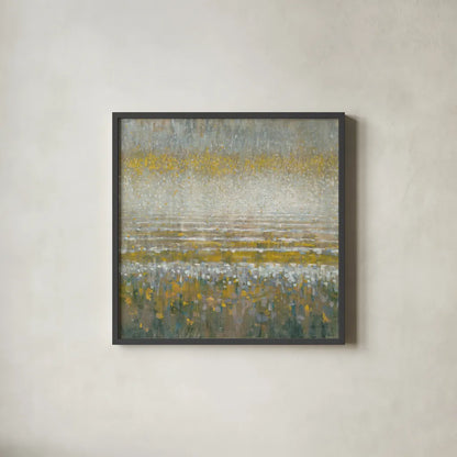 Rains Over the Lake Yellow Gray by Danhui Nai. Shown in a sleek black glass frame for a contemporary gallery look. Available as an archival giclee rolled canvas, fine art paper, or poster print. SKU 56018a.