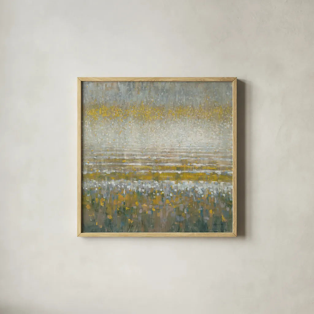 Rains Over the Lake Yellow Gray by Danhui Nai. Shown in a natural wood glass frame for a timeless modern aesthetic. Available as an archival giclee rolled canvas, fine art paper, or poster print. SKU 56018a.