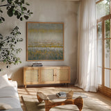 Rains Over the Lake Yellow Gray by Danhui Nai. Shown in a natural wood frame in a cozy modern living room. Available as an archival giclee rolled canvas, fine art paper, or poster print. SKU 56018a.