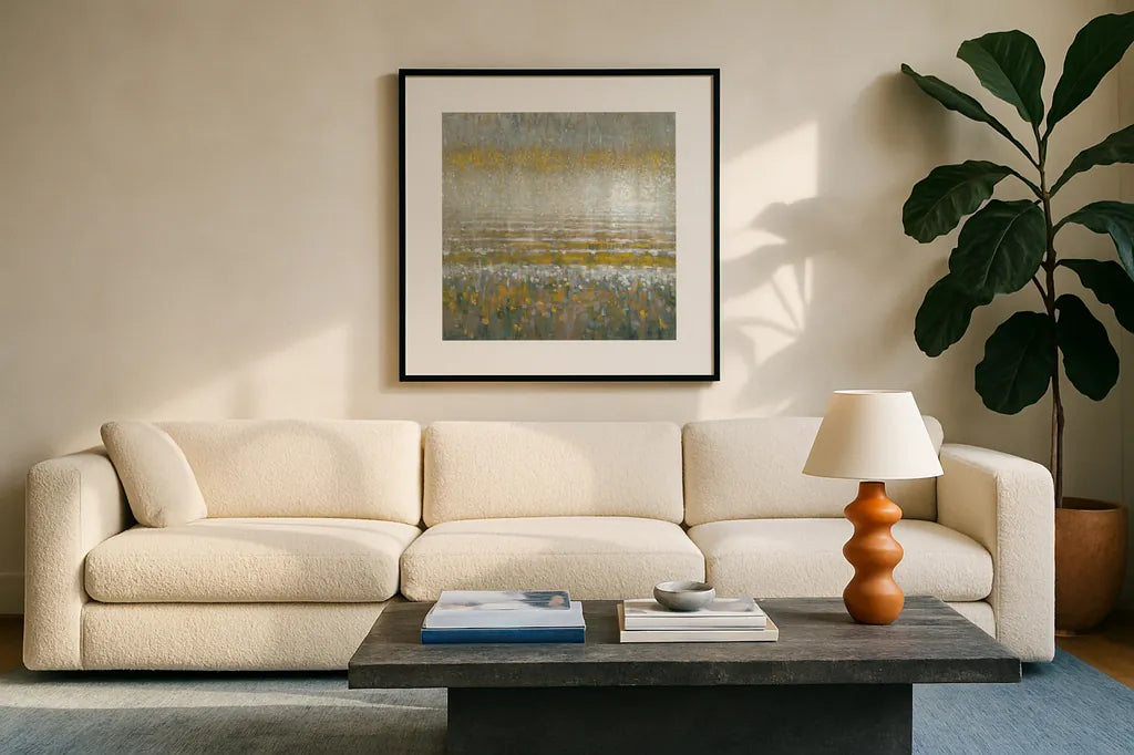 Rains Over the Lake Yellow Gray by Danhui Nai. Displayed in a glass frame with matte in a clean modern living room. Available as an archival giclee rolled canvas, fine art paper, or poster print. SKU 56018a.