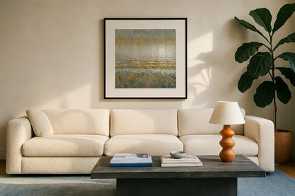 Rains Over the Lake Yellow Gray by Danhui Nai. Displayed in a glass frame with matte in a clean modern living room. Available as an archival giclee rolled canvas, fine art paper, or poster print. SKU 56018a.