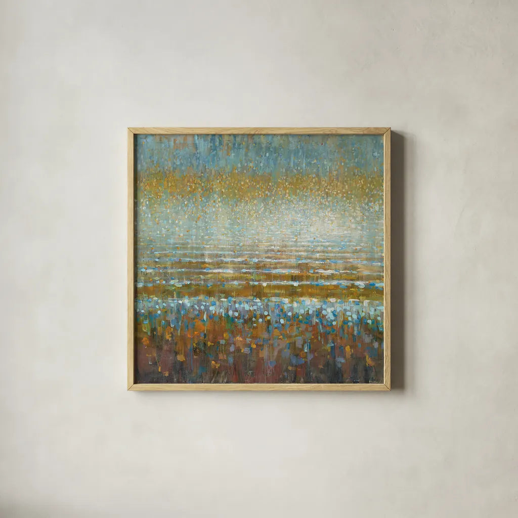 Rains over the Lake by Danhui Nai. Shown in a natural wood glass frame for a timeless modern aesthetic. Available as an archival giclee rolled canvas, fine art paper, or poster print. SKU 23300a.