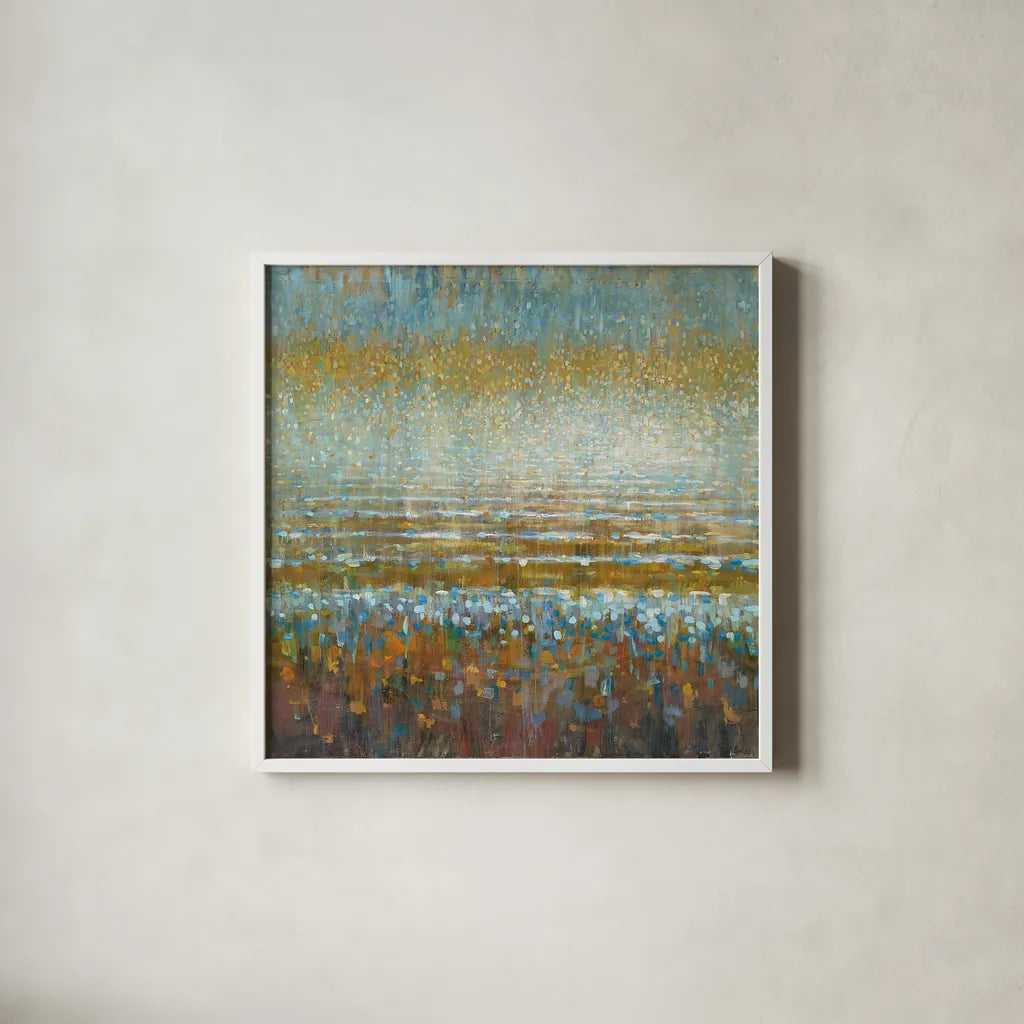 Rains over the Lake by Danhui Nai. Shown in a crisp white glass frame for a clean and minimalist style. Available as an archival giclee rolled canvas, fine art paper, or poster print. SKU 23300a.