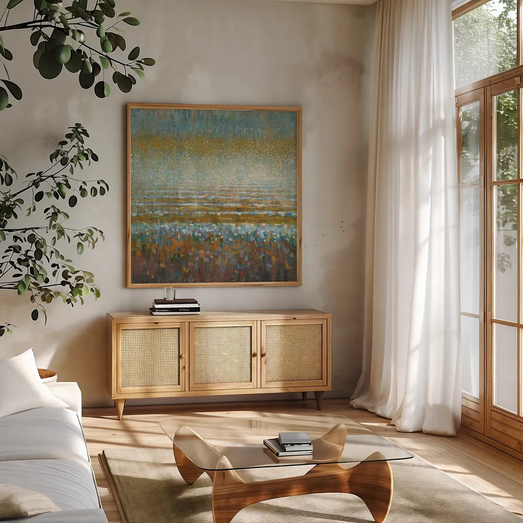 Rains over the Lake by Danhui Nai. Shown in a natural wood frame in a cozy modern living room. Available as an archival giclee rolled canvas, fine art paper, or poster print. SKU 23300a.