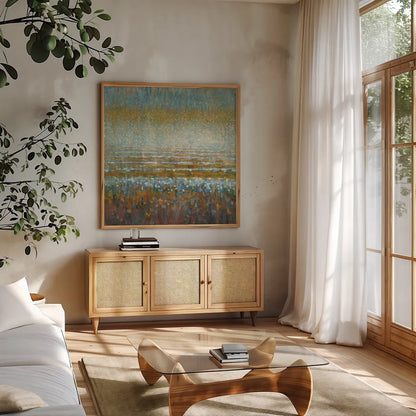 Rains over the Lake by Danhui Nai. Shown in a natural wood frame in a cozy modern living room. Available as an archival giclee rolled canvas, fine art paper, or poster print. SKU 23300a.