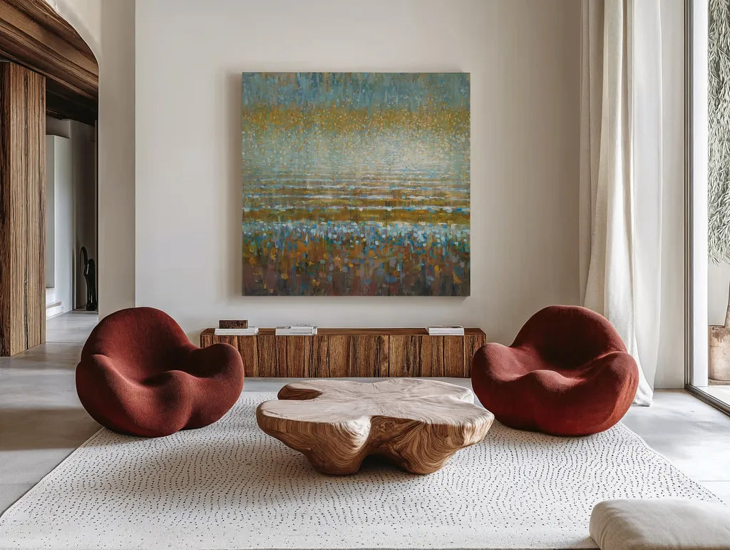 Rains over the Lake by Danhui Nai. Shown as extra-large giant wall art in a modern living room. Available as an archival giclee rolled canvas, fine art paper, or poster print. SKU 23300a.