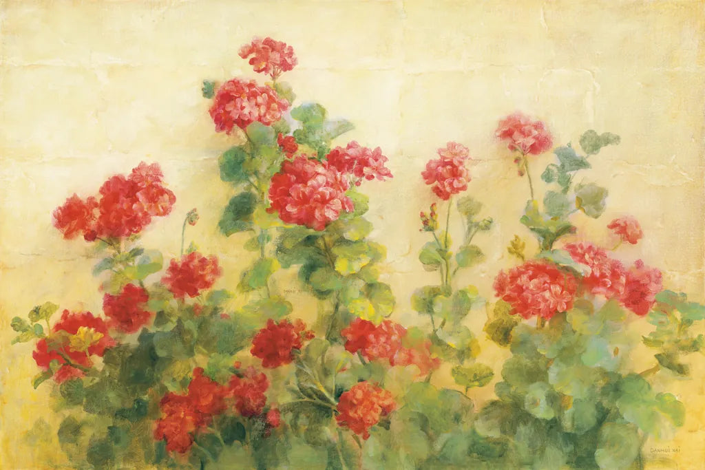 Red Geraniums on White by Danhui Nai. SKU 5288i. Archival Giclee Fine art print for wall decor.