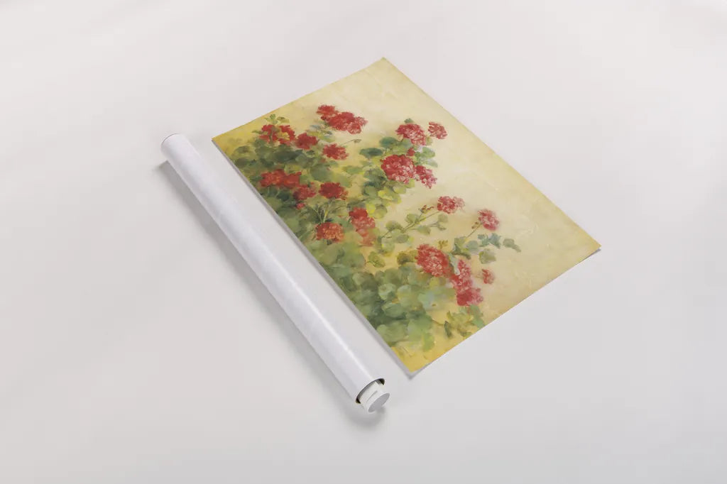 Red Geraniums on White by Danhui Nai. shown as a rolled paper print. Available as archival giclee rolled canvas, fine art paper, or poster print. SKU 5288i.