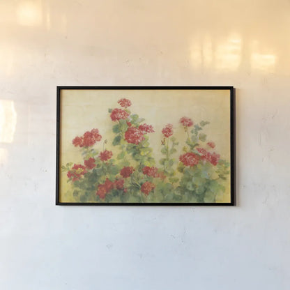 Red Geraniums on White by Danhui Nai. shown as a paper print in a black flame. Available as a archival giclee rolled canvas, fine art paper, or poster print. SKU 5288i.