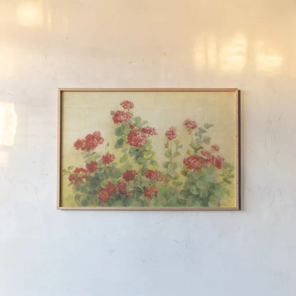 Red Geraniums on White by Danhui Nai. shown as a paper print in a natural frame. Available as a archival giclee rolled canvas, fine art paper, or poster print. SKU 5288i.