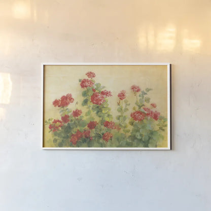 Red Geraniums on White by Danhui Nai. shown as a paper print in a white frame. Available as a archival giclee rolled canvas, fine art paper, or poster print. SKU 5288i.