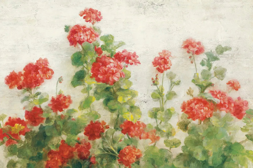 Red Geraniums on White v2 by Danhui Nai. SKU 44813i. Archival Giclee Fine art print for wall decor.