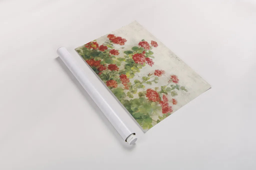 Red Geraniums on White v2 by Danhui Nai. shown as a rolled paper print. Available as archival giclee rolled canvas, fine art paper, or poster print. SKU 44813i.