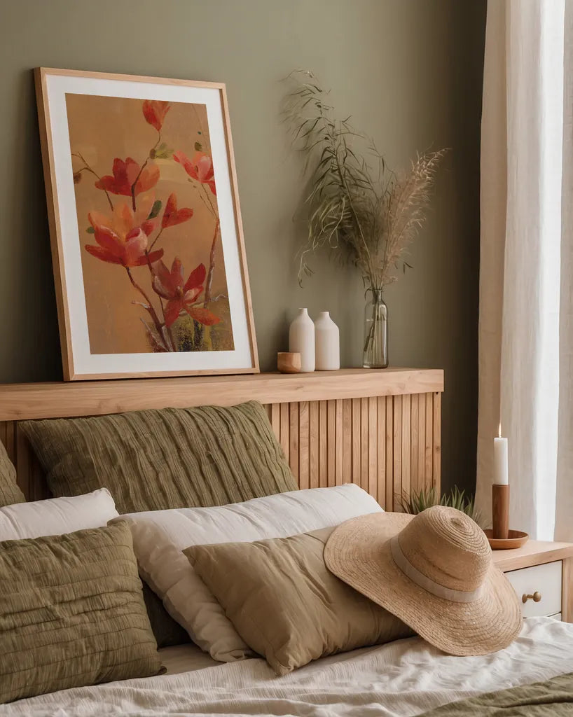 Red Magnolia by Danhui Nai. shown as a paper print in a natural frame. Available as a archival giclee rolled canvas, fine art paper, or poster print. SKU 5427h.