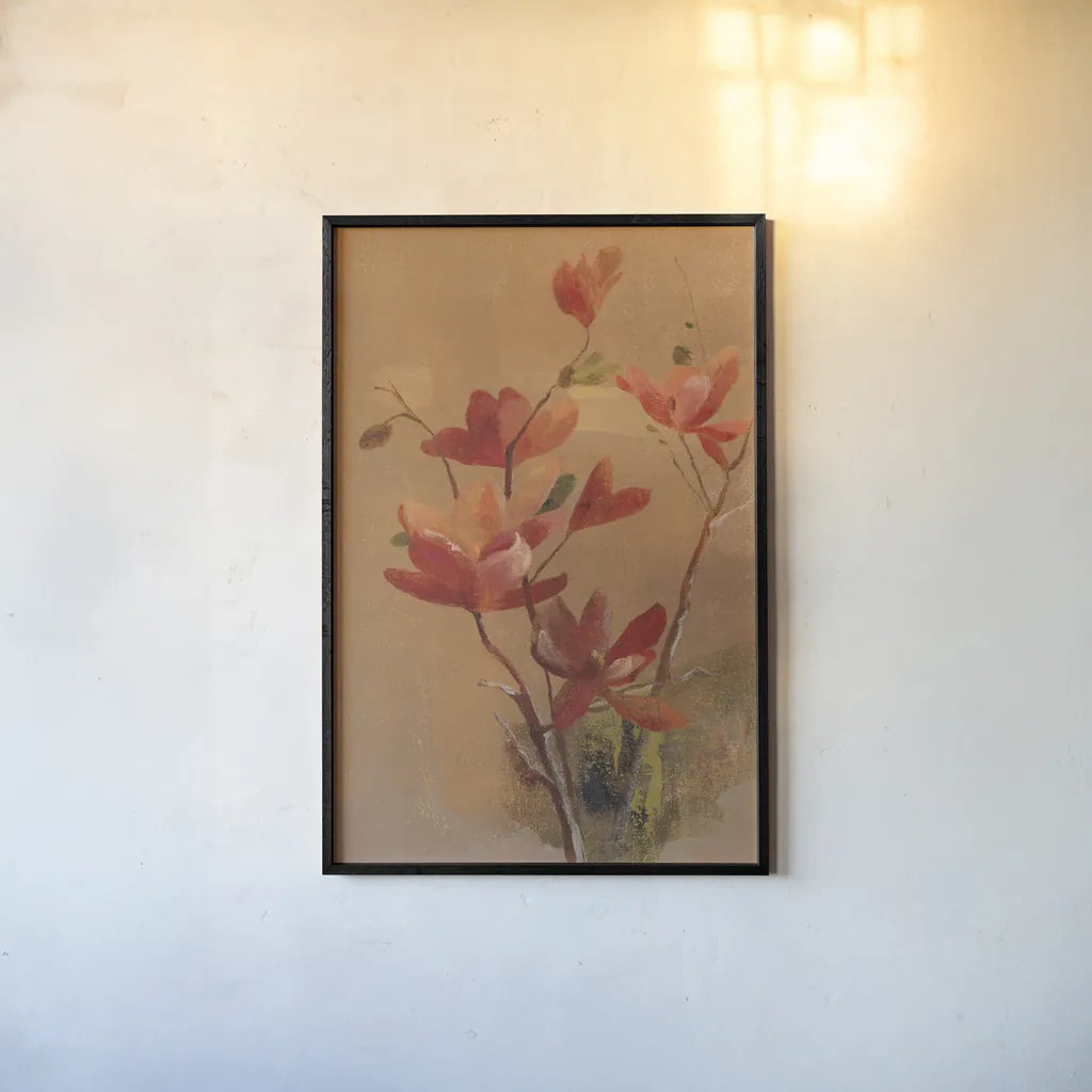 Red Magnolia by Danhui Nai. shown as a paper print in a black flame. Available as a archival giclee rolled canvas, fine art paper, or poster print. SKU 5427h.