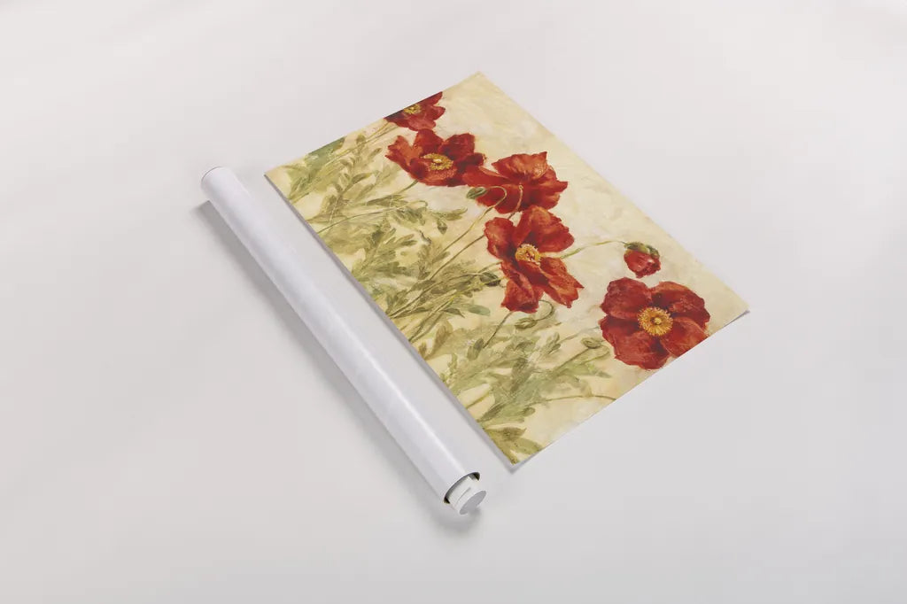 Red Poppies by Danhui Nai. shown as a rolled paper print. Available as archival giclee rolled canvas, fine art paper, or poster print. SKU 9395i.