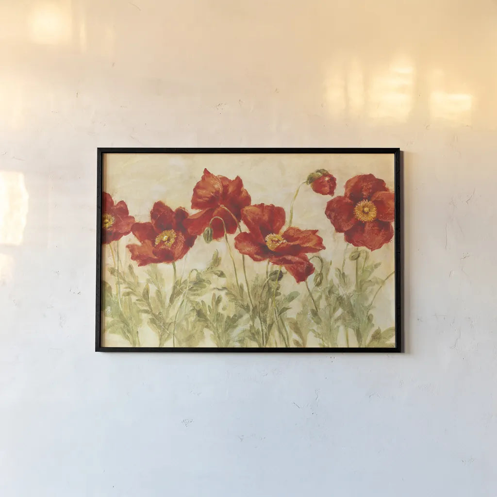 Red Poppies by Danhui Nai. shown as a paper print in a black flame. Available as a archival giclee rolled canvas, fine art paper, or poster print. SKU 9395i.